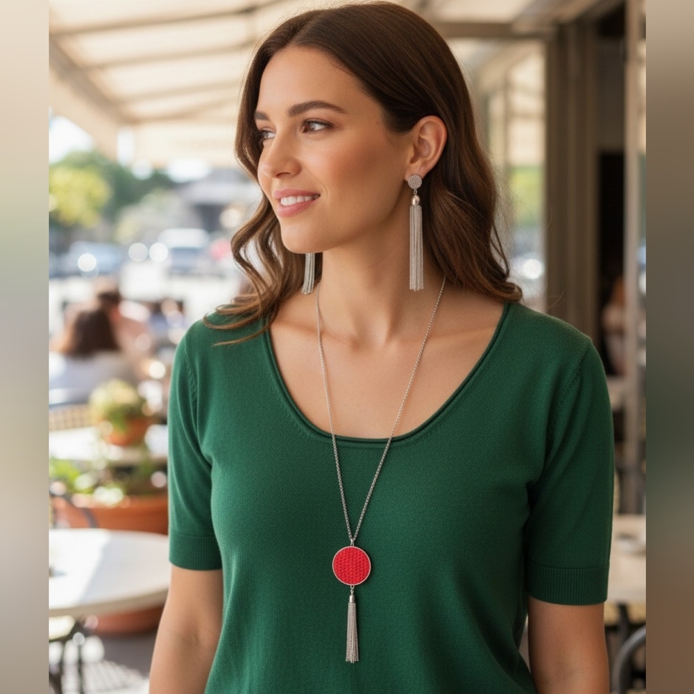 paparazzi Red Circle Silver Tassel Pendant Necklace with earrings